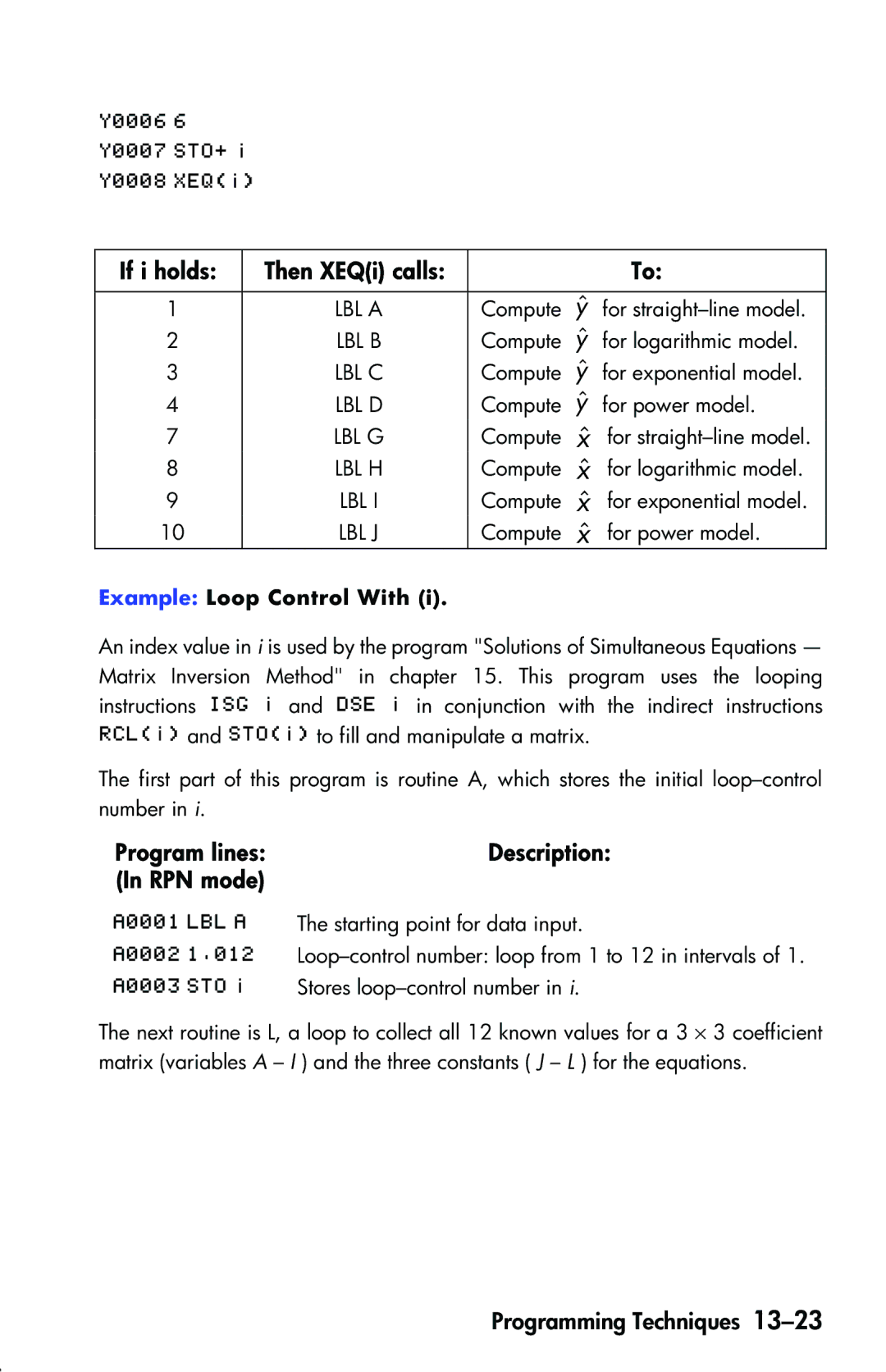 HP 33s Scientific manual If i holds Then XEQi calls, Program lines, - L & %1L2, Example Loop Control With 