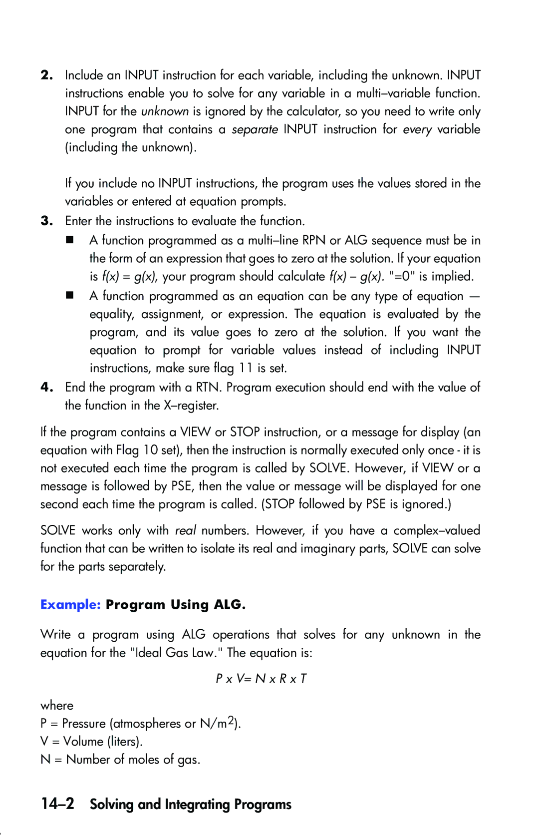 HP 33s Scientific manual 14-2Solving and Integrating Programs, Example Program Using ALG, V= N x R x T 