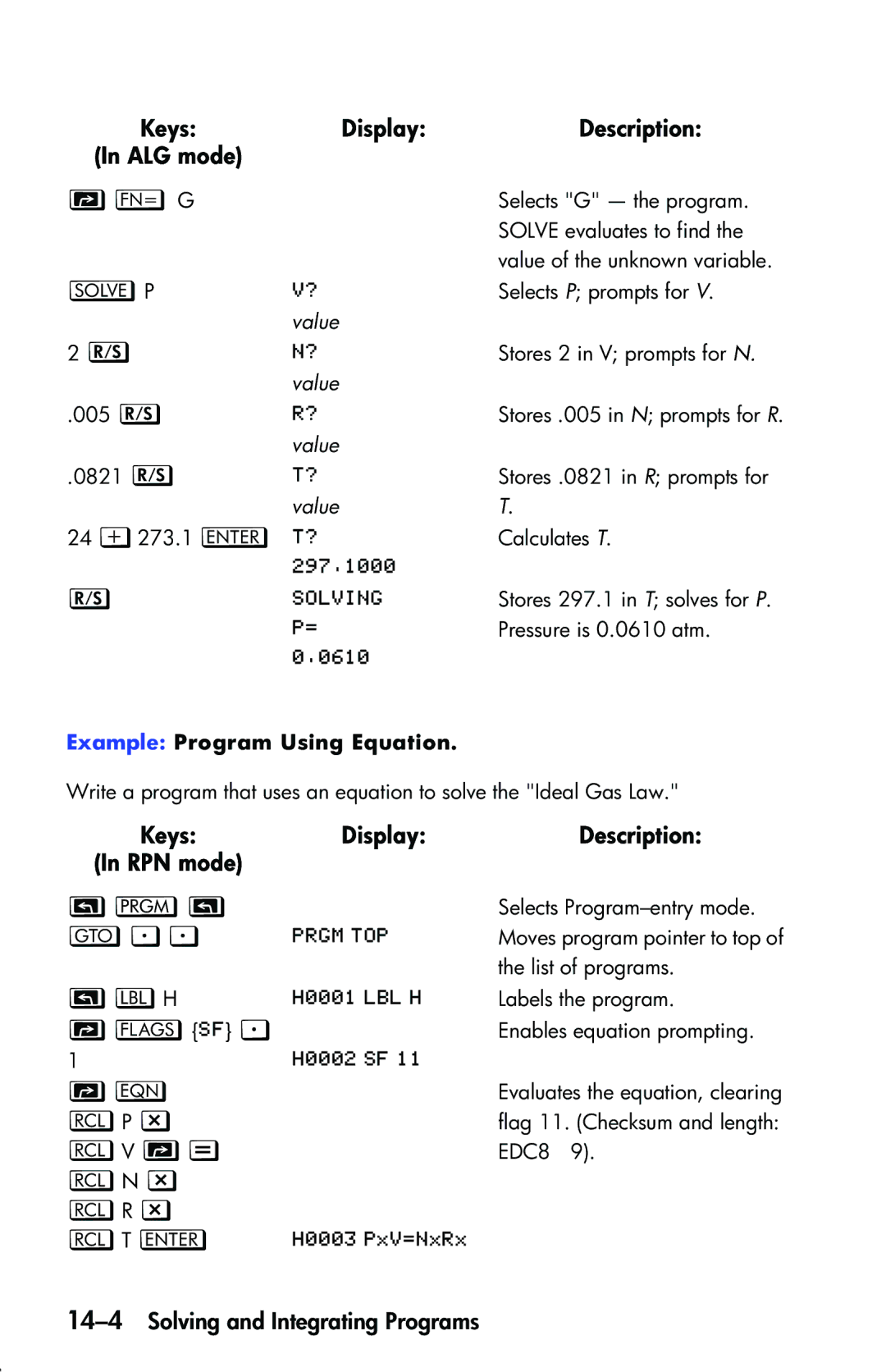 HP 33s Scientific manual LP z LV ’ LN z LR z LT ‘, 14-4Solving and Integrating Programs, Example Program Using Equation 