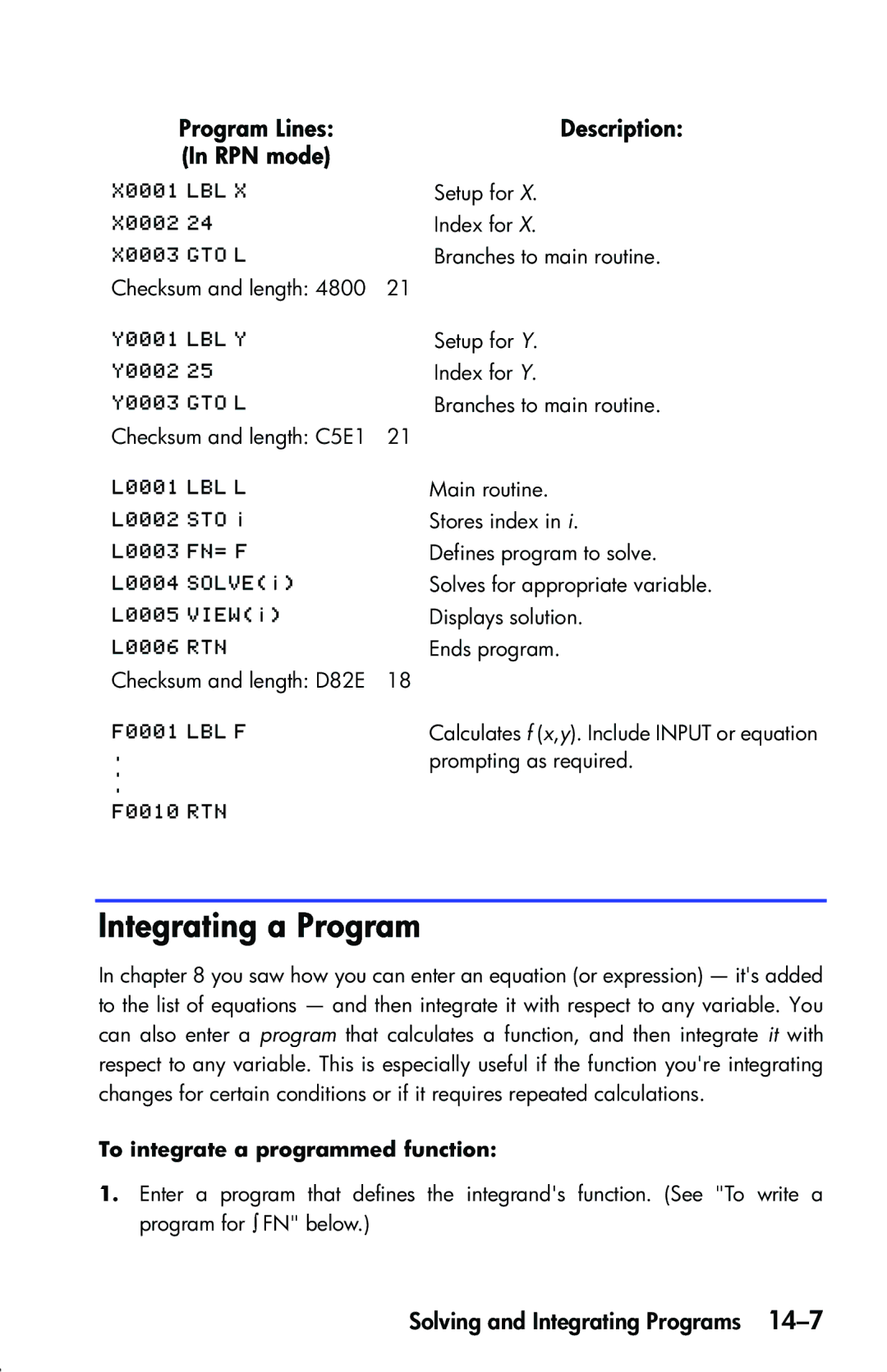 HP 33s Scientific manual Integrating a Program, Program Lines In RPN mode, To integrate a programmed function 