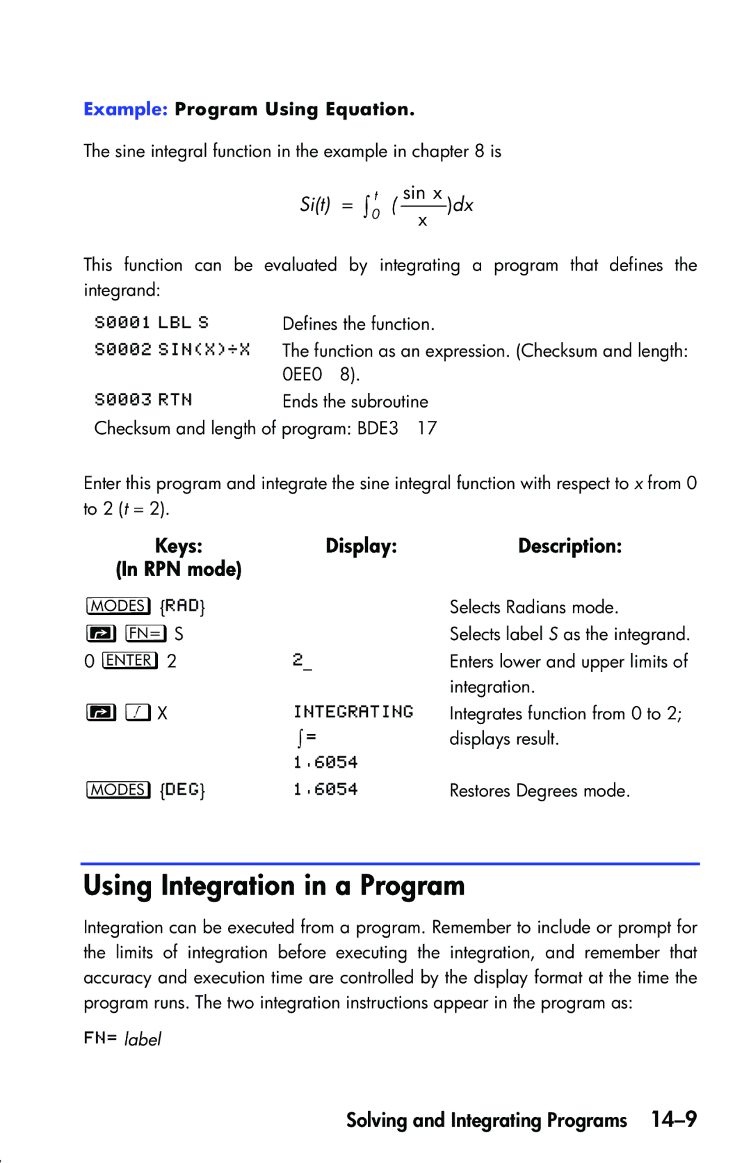 HP 33s Scientific manual Using Integration in a Program, Sin, / label 