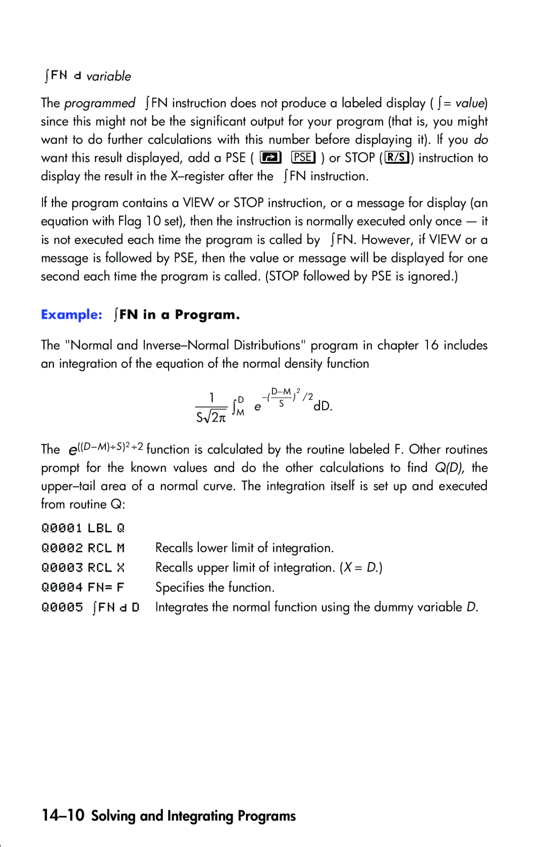 HP 33s Scientific manual 14-10Solving and Integrating Programs, ≥  G variable, Example ≥ FN in a Program 