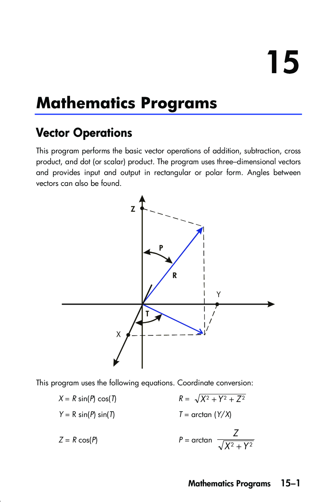 HP 33s Scientific manual Mathematics Programs, Vector Operations, = R cosP = arctan 