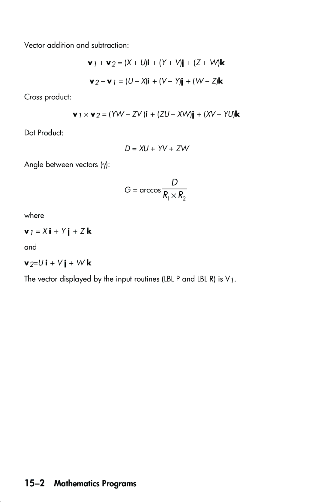 HP 33s Scientific manual 15-2Mathematics Programs, = Xu + Yv + Zw, V1 = X i + Y j + Z k V2=U i + V j + W k 