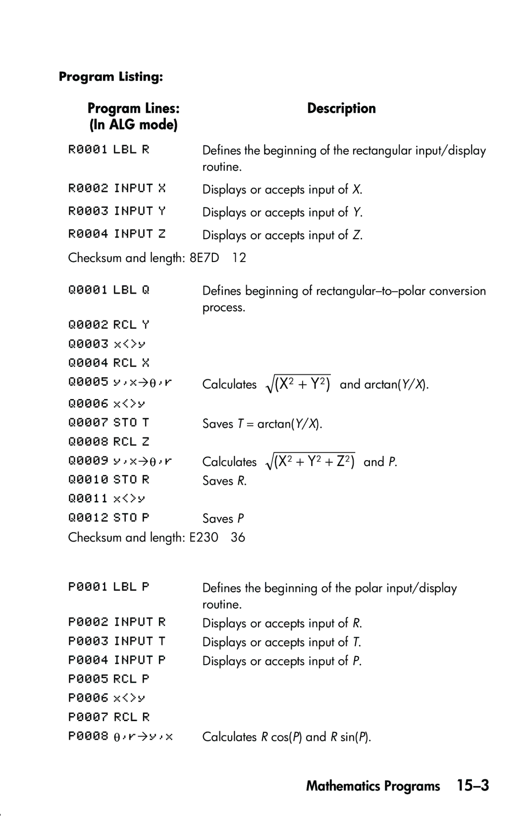 HP 33s Scientific manual X2 + Y2 + Z2 and P, Program Listing 