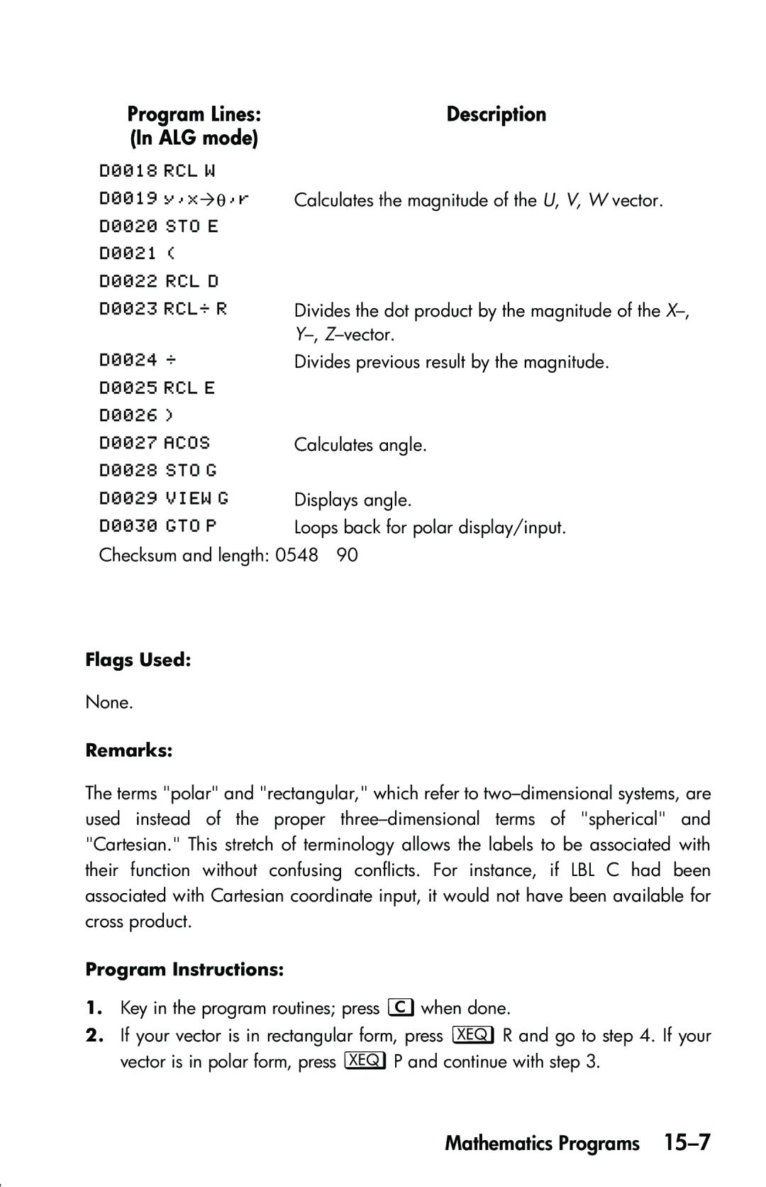 HP 33s Scientific manual Flags Used, Remarks, Program Instructions 