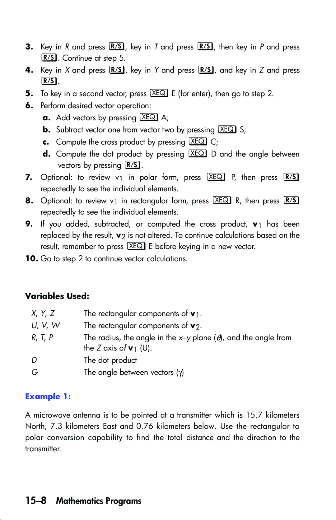 HP 33s Scientific manual 15-8Mathematics Programs, Variables Used 