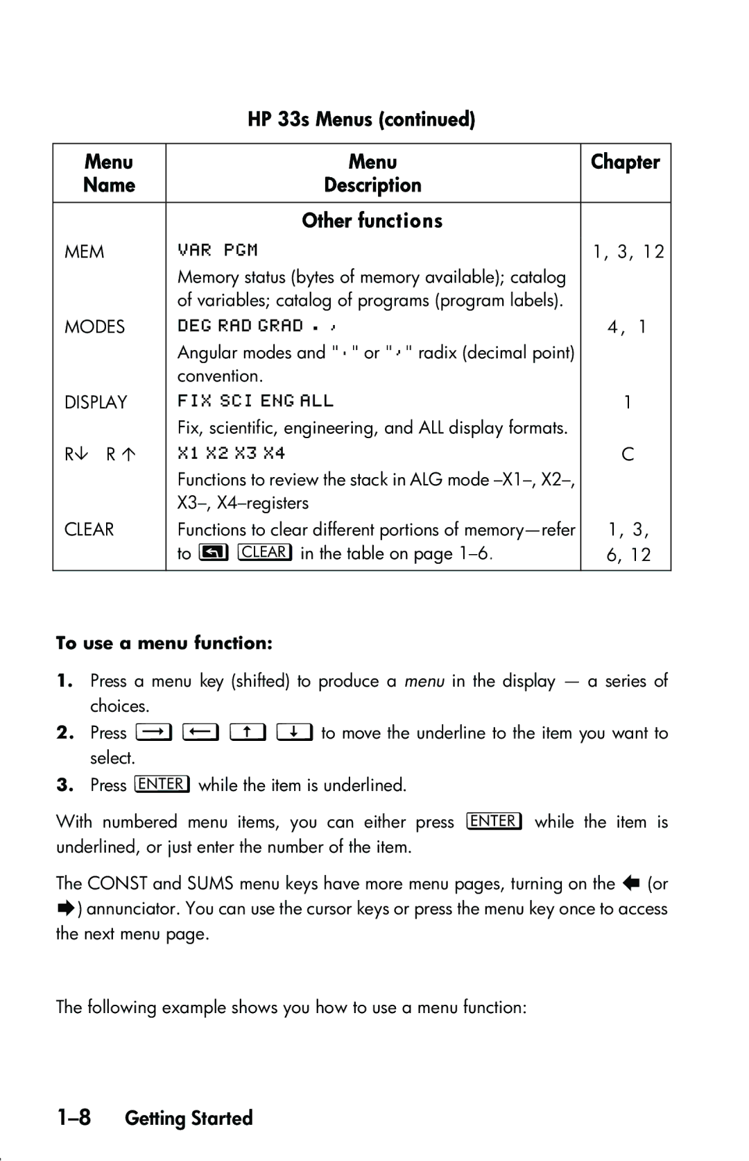 HP 33s Scientific manual Other functions, 8Getting Started, Description, To use a menu function 