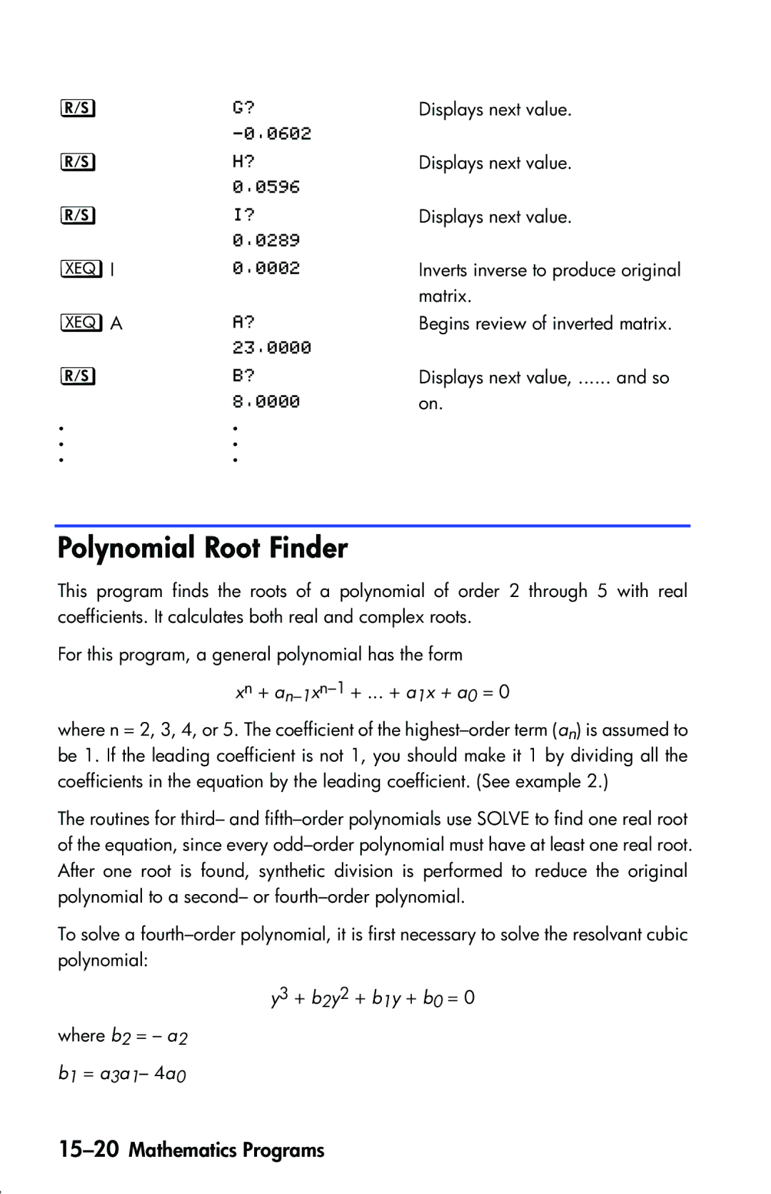 HP 33s Scientific manual Polynomial Root Finder, 15-20Mathematics Programs, @, @   @, @ 