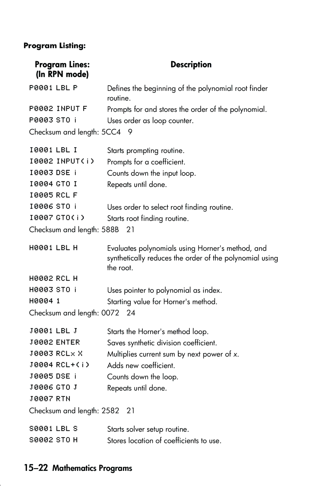 HP 33s Scientific manual Description, 15-22Mathematics Programs 