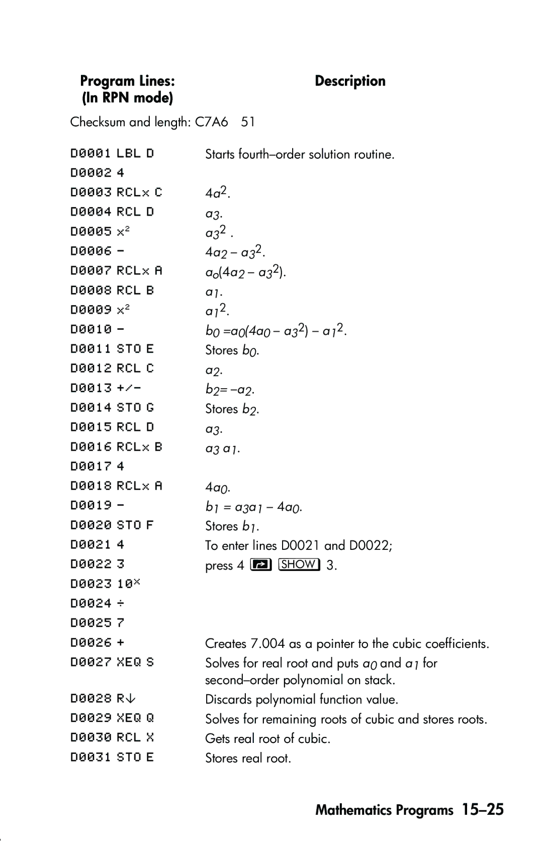 HP 33s Scientific manual Checksum and length C7A6, B0 =a04a0 a32 a12, B2= -a2, B1 = a3a1 4a0 