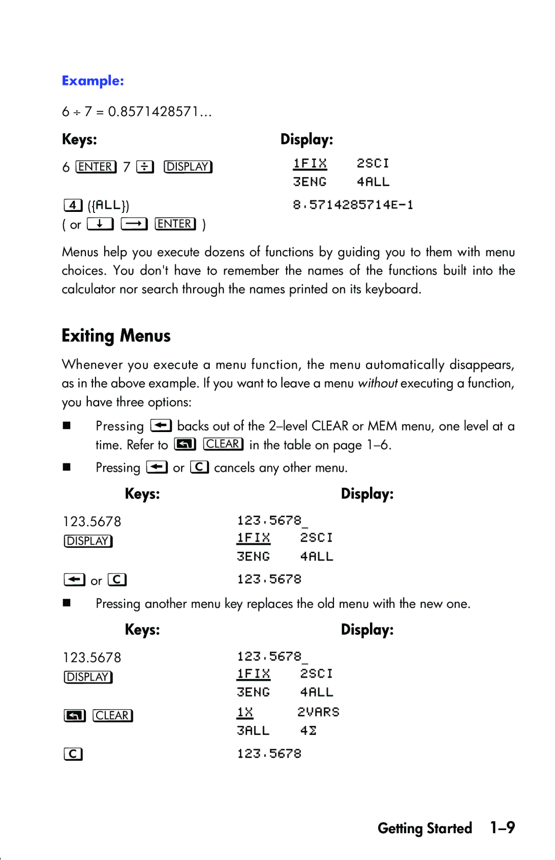 HP 33s Scientific manual Exiting Menus, KeysDisplay 