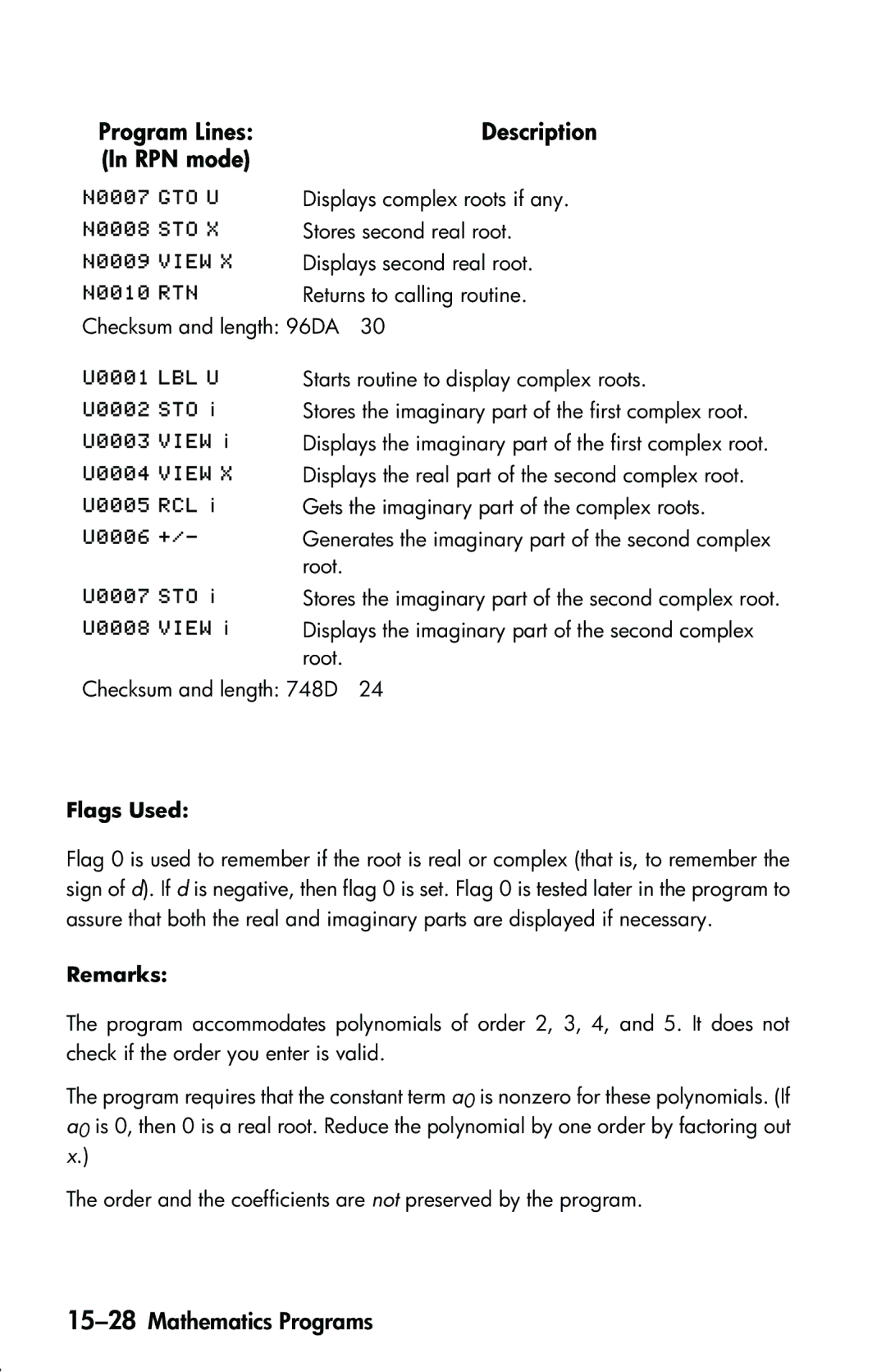 HP 33s Scientific manual 15-28Mathematics Programs, Flags Used 