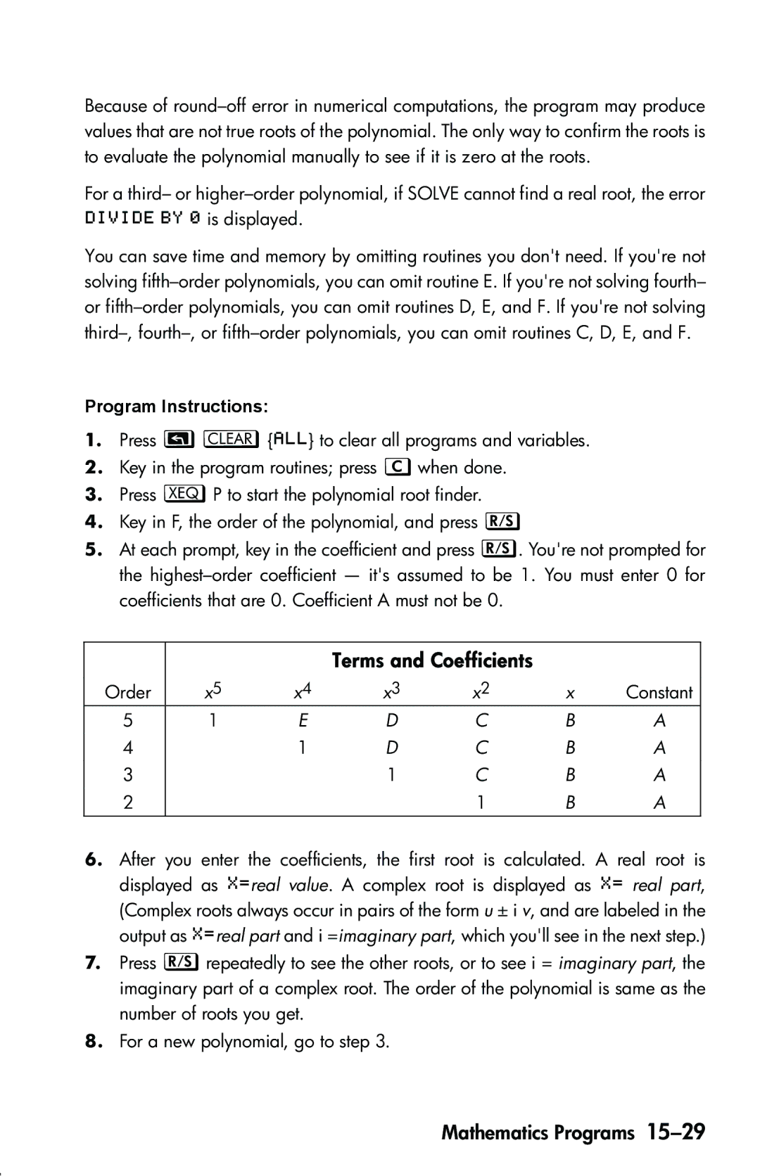 HP 33s Scientific manual Terms and Coefficients, Order 