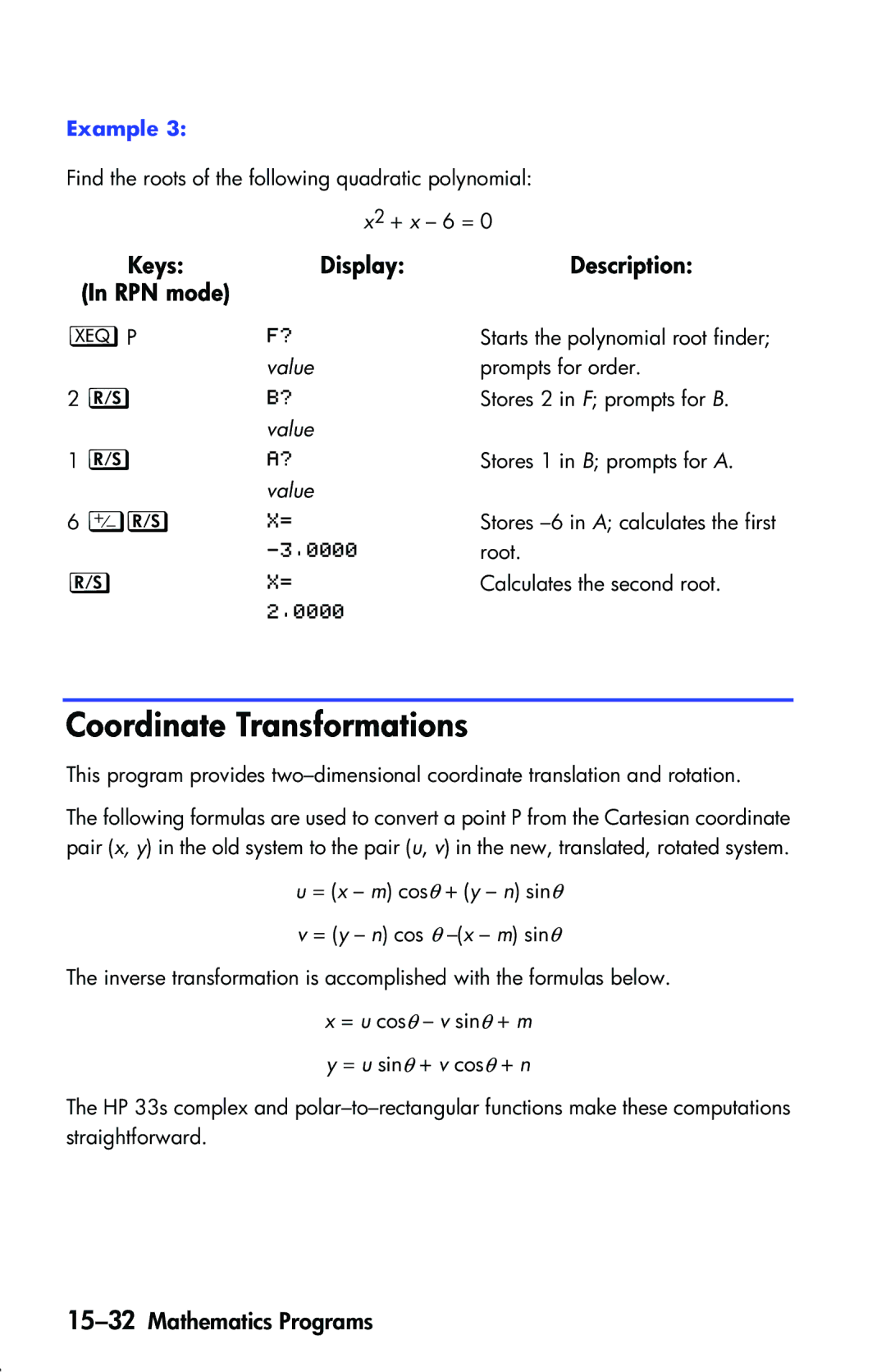 HP 33s Scientific manual Coordinate Transformations, 15-32Mathematics Programs 