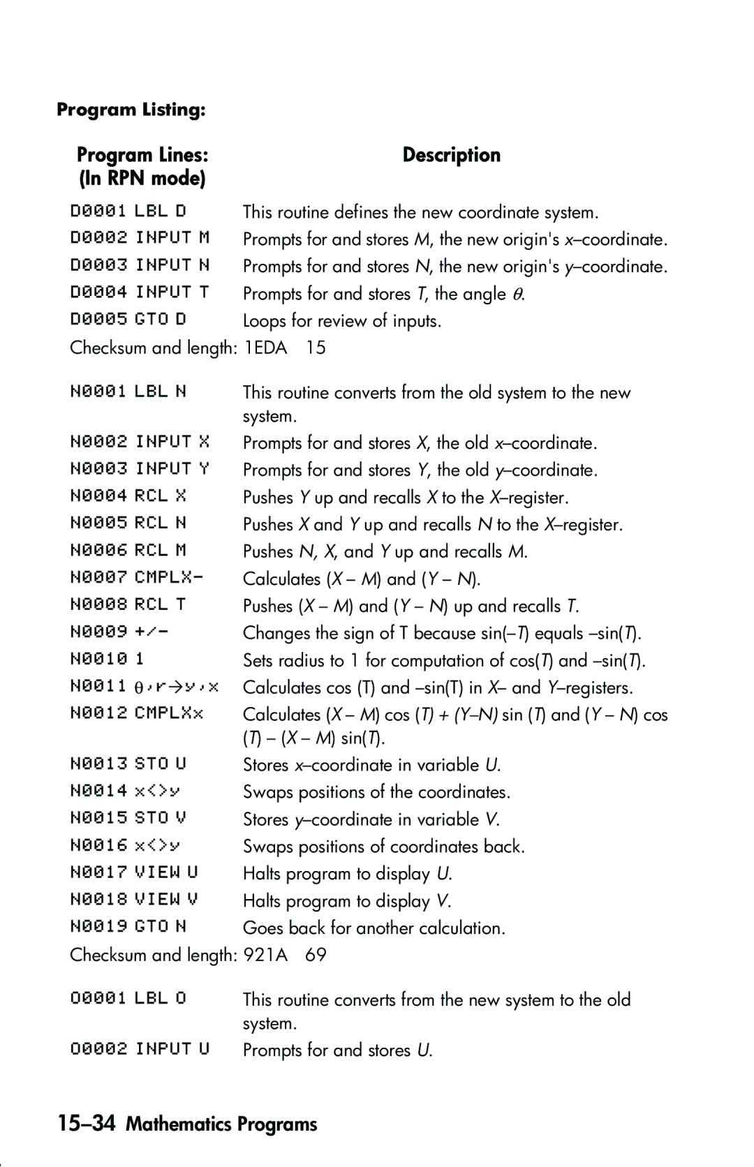 HP 33s Scientific manual Program Lines Description RPN mode, 15-34Mathematics Programs 