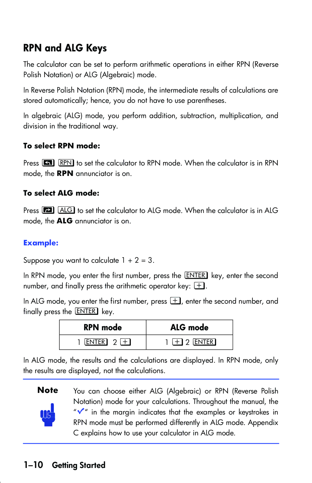 HP 33s Scientific manual RPN and ALG Keys, RPN mode ALG mode, 10Getting Started, To select RPN mode, To select ALG mode 