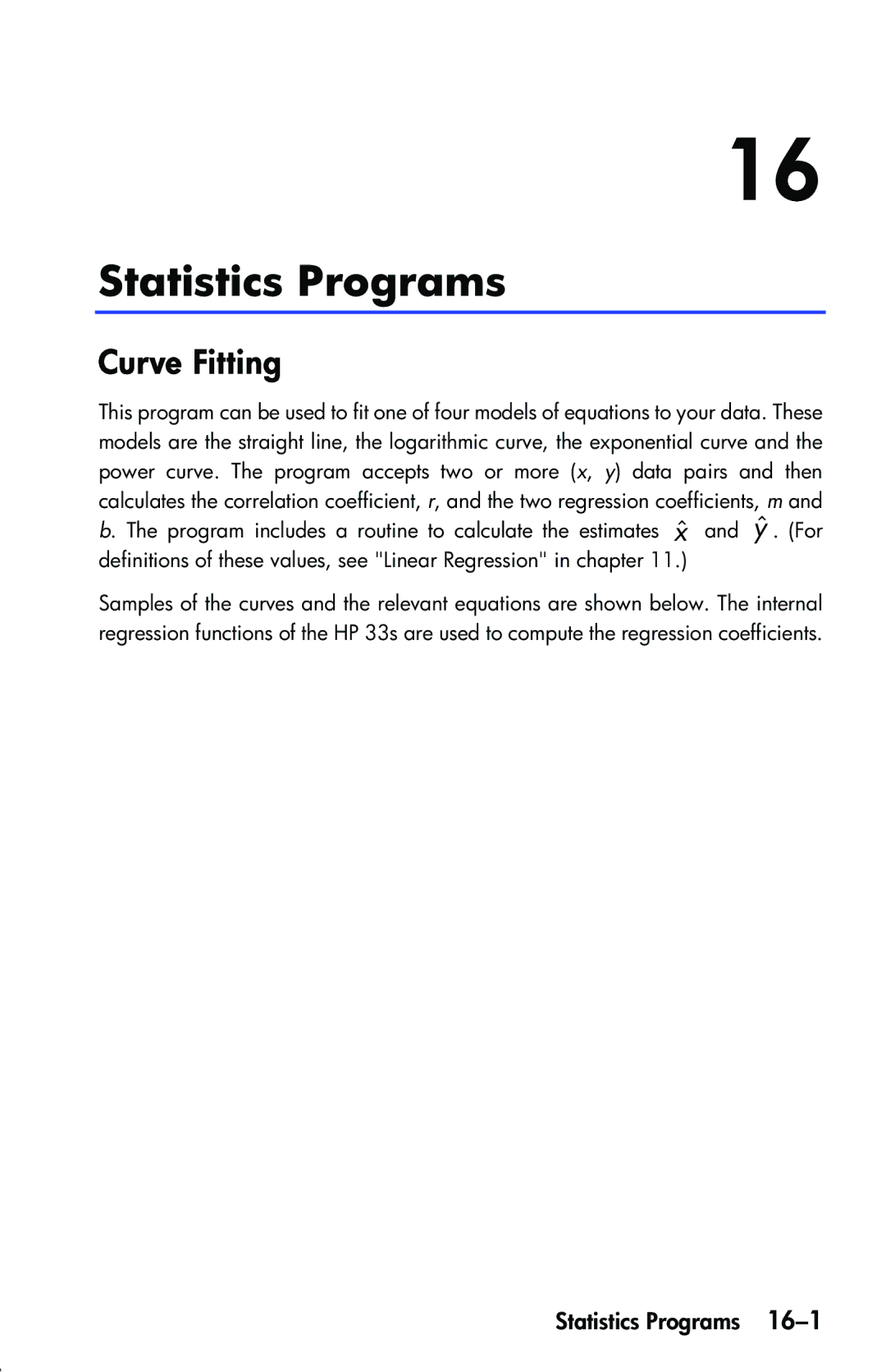 HP 33s Scientific manual Statistics Programs, Curve Fitting 