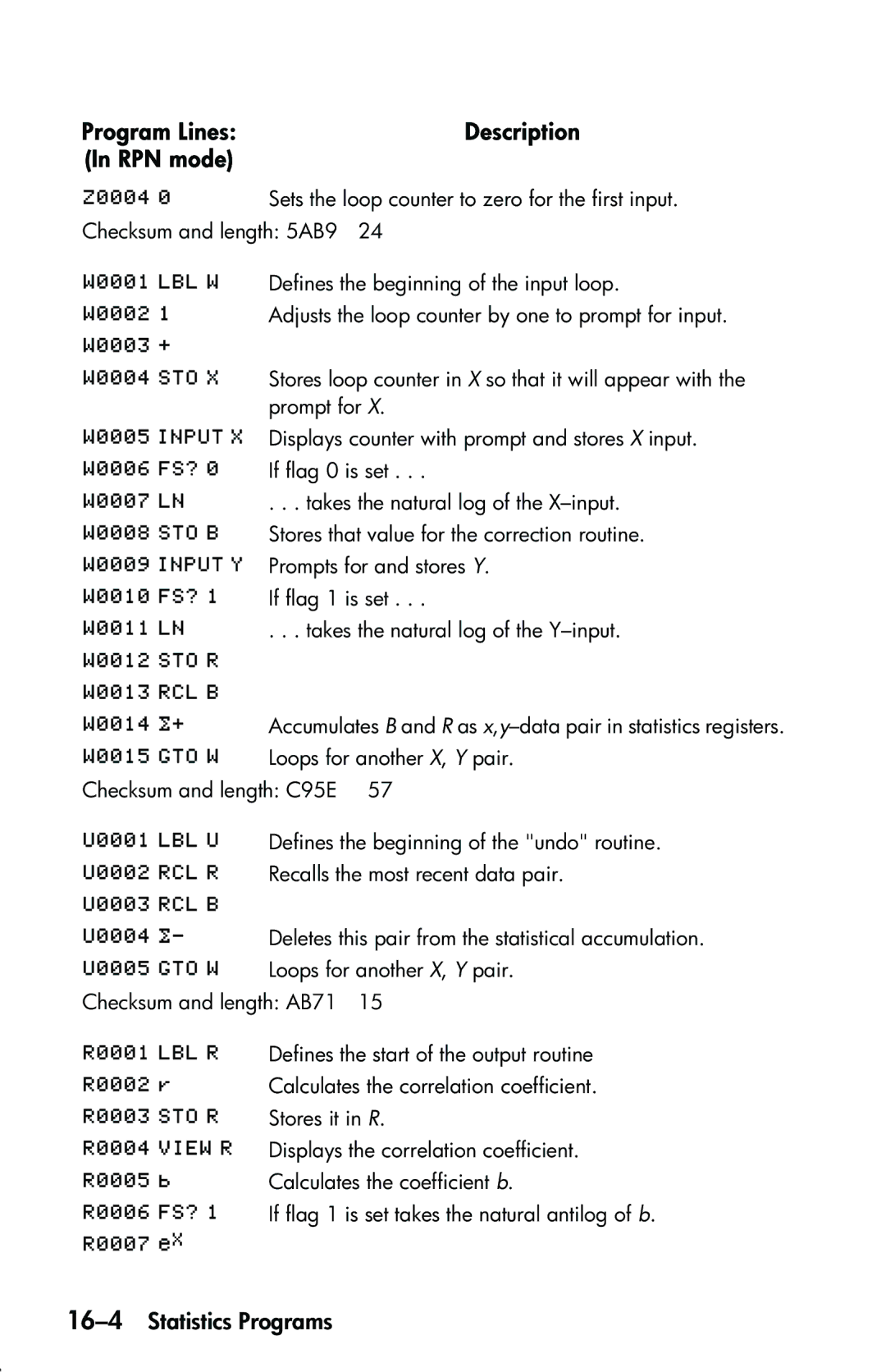 HP 33s Scientific manual 16-4Statistics Programs 