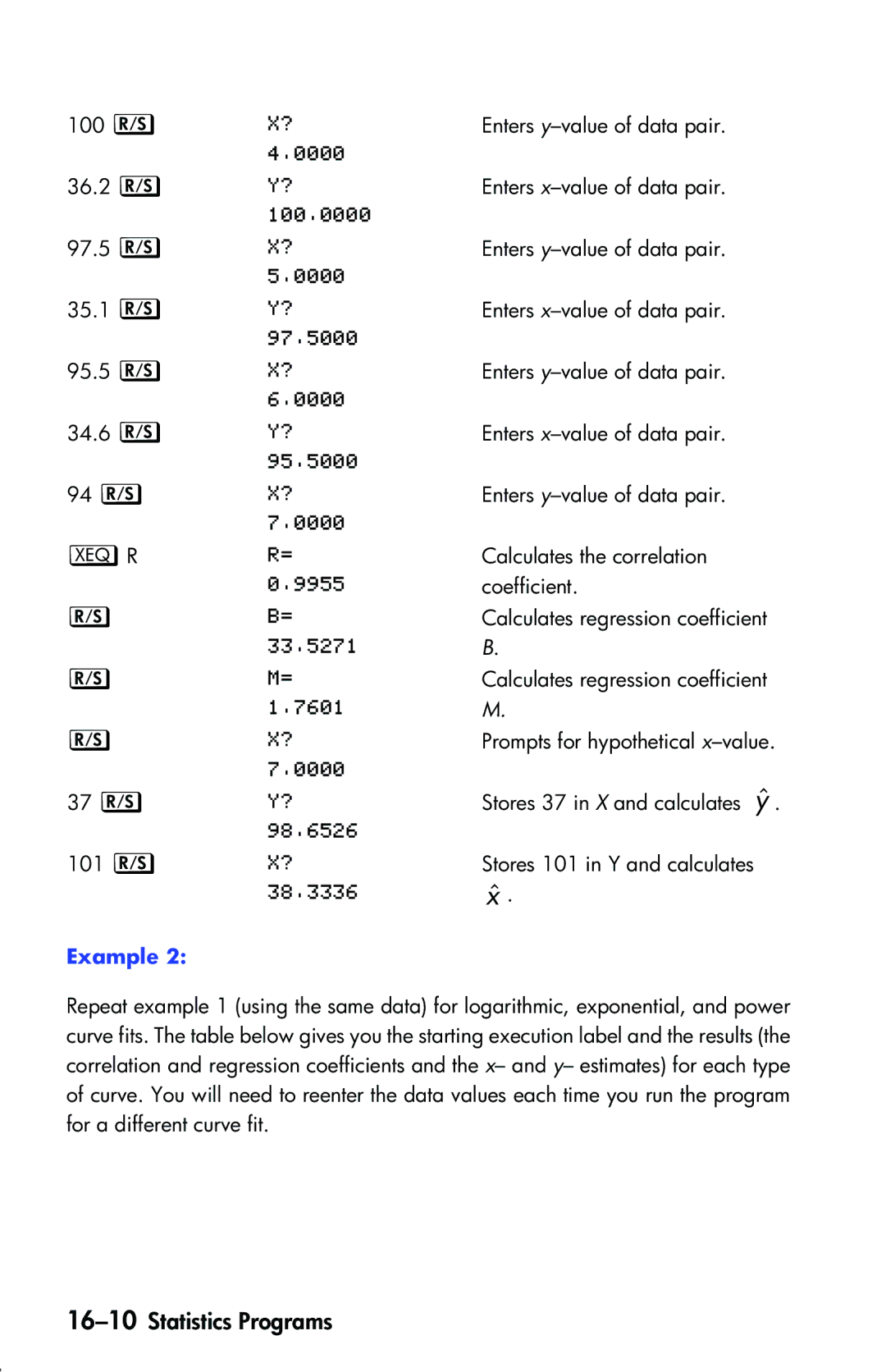 HP 33s Scientific manual 16-10Statistics Programs, /, /   /   %@ 