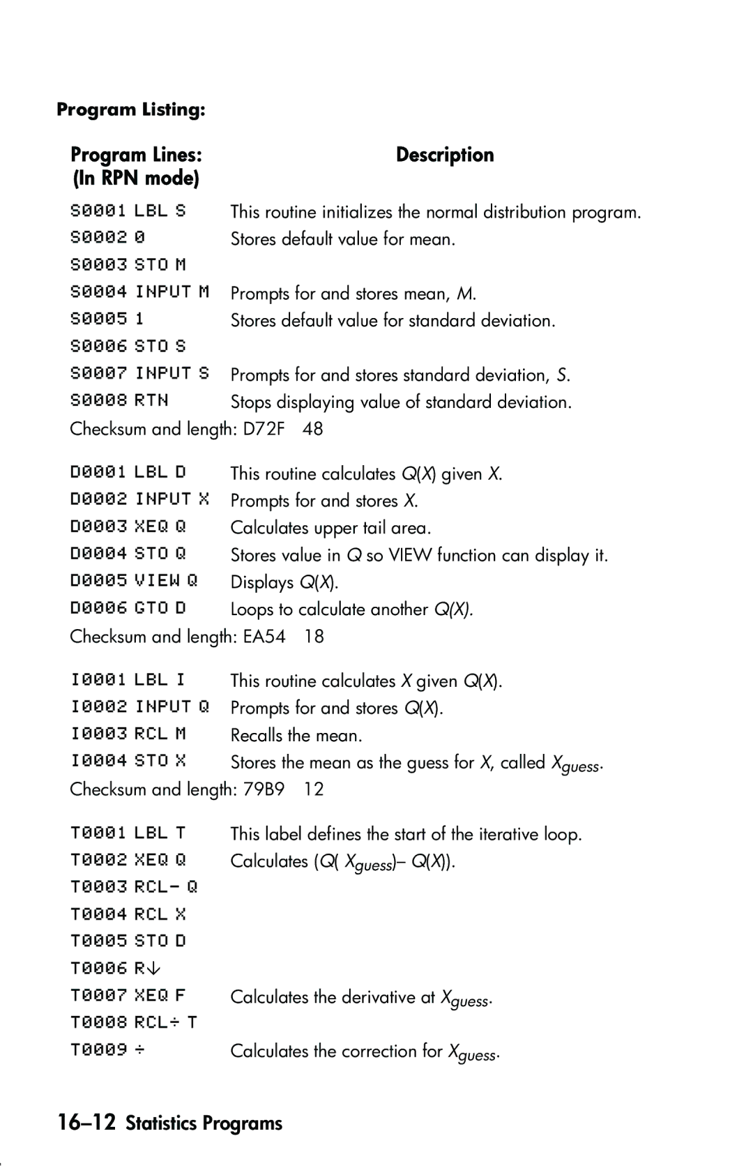 HP 33s Scientific manual Program Lines Description RPN mode, 16-12Statistics Programs 