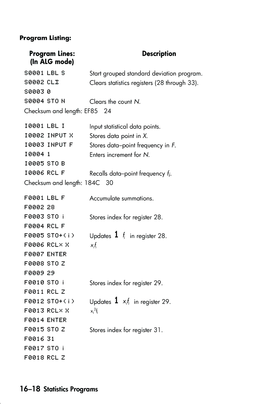 HP 33s Scientific manual 16-18Statistics Programs, Program Listing 