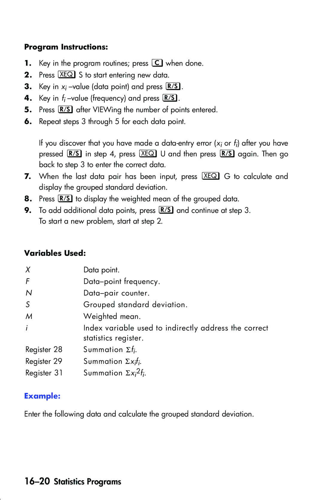 HP 33s Scientific manual 16-20Statistics Programs 