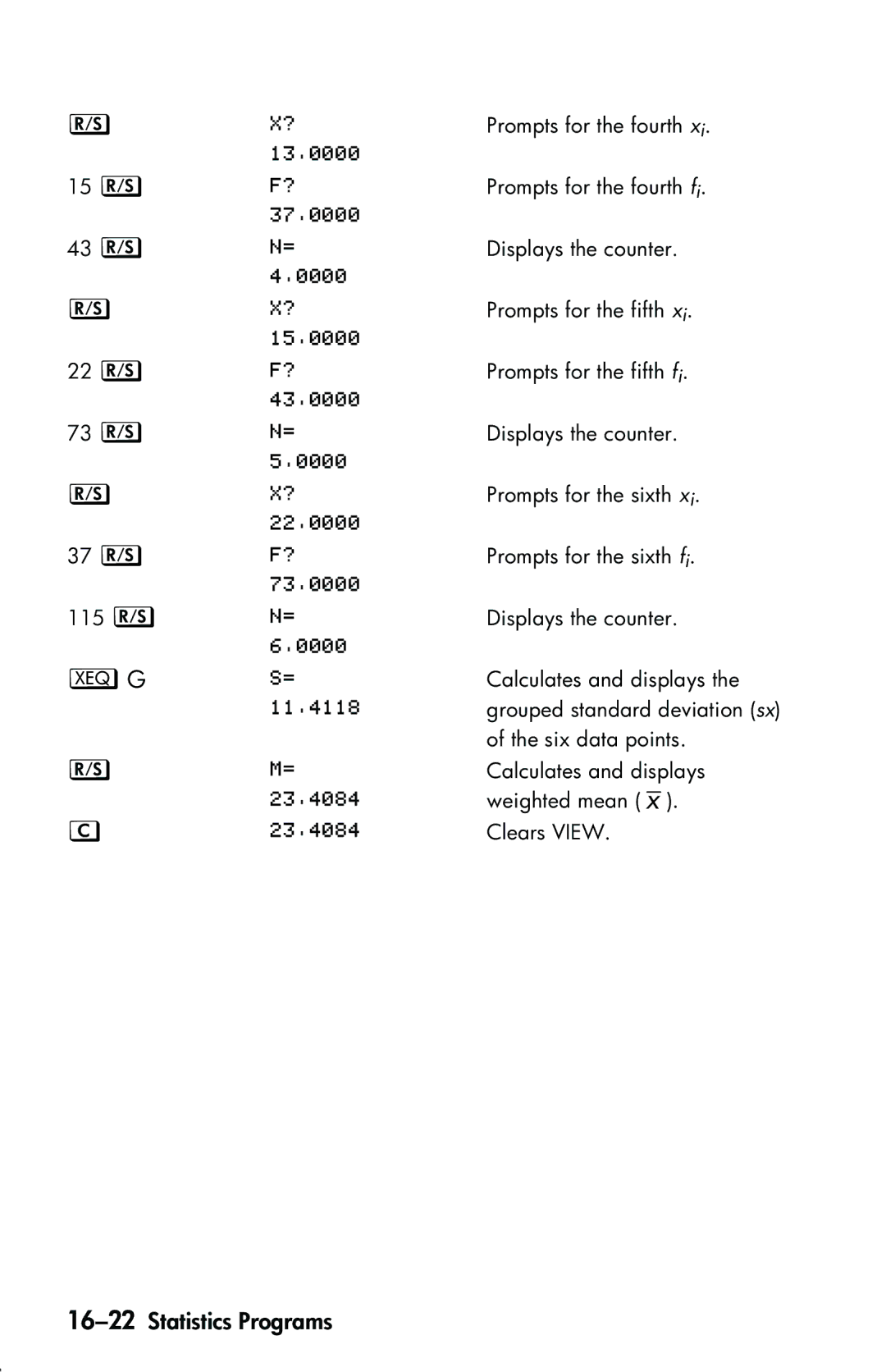 HP 33s Scientific manual 16-22Statistics Programs, @ , @ , @ , /  ‡  