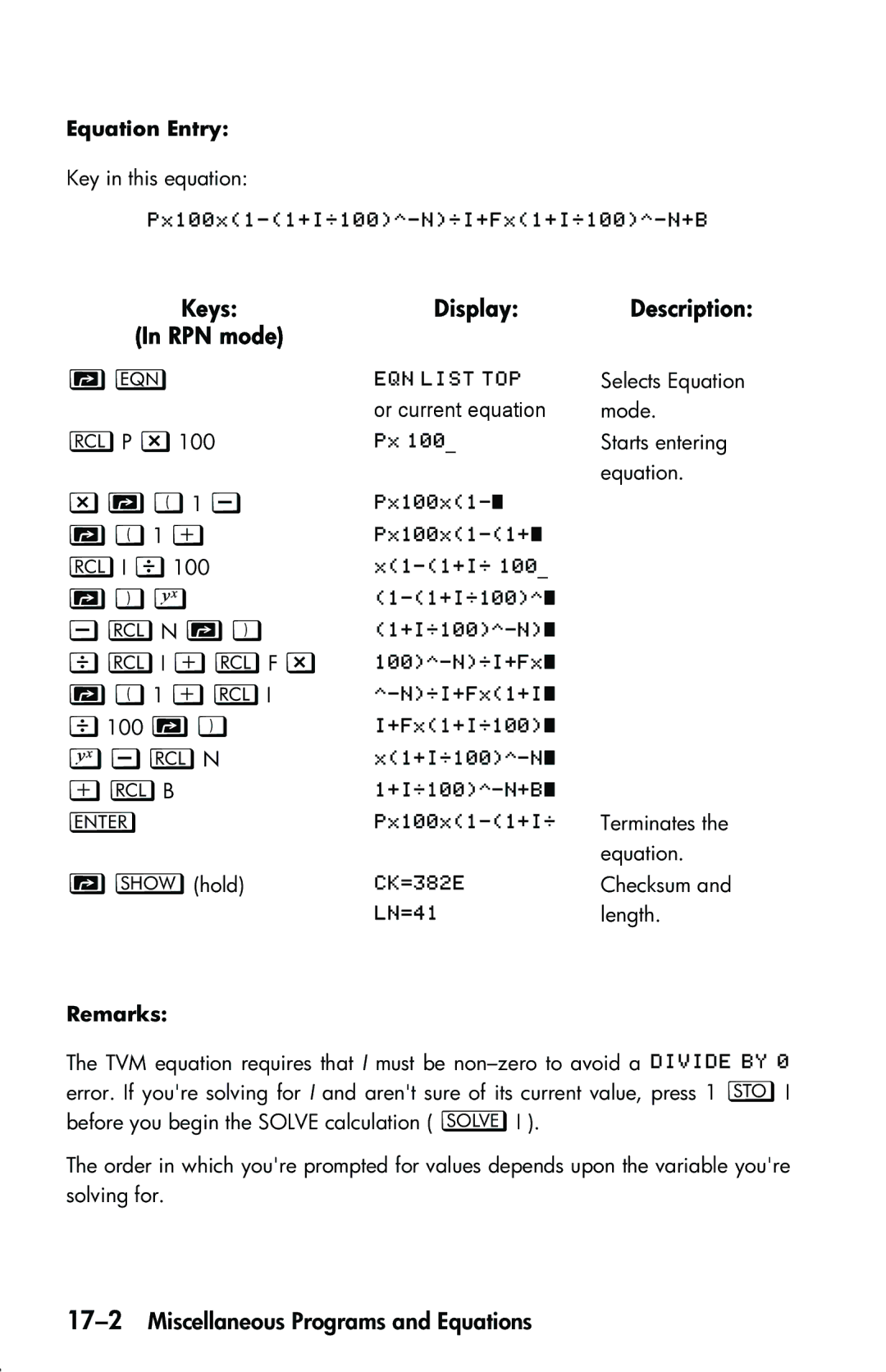 HP 33s Scientific manual …Ln `, QLI ›LF z, ›Li, 17-2Miscellaneous Programs and Equations, Equation Entry 