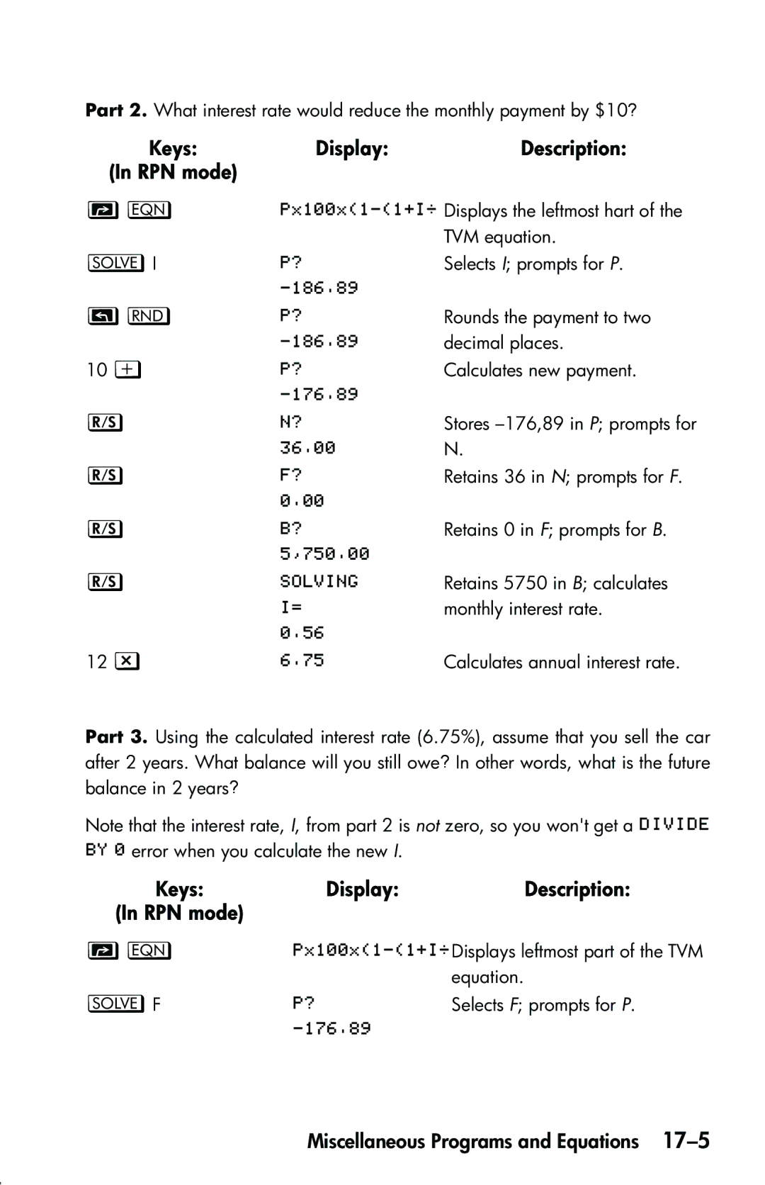 HP 33s Scientific manual Retains 5750 in B calculates monthly interest rate 