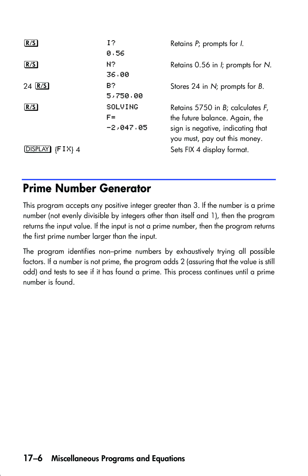 HP 33s Scientific manual Prime Number Generator, 17-6Miscellaneous Programs and Equations 