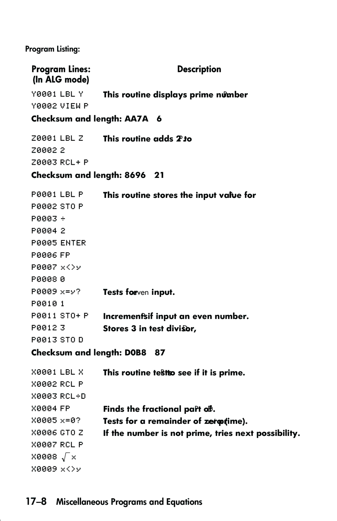 HP 33s Scientific manual 17-8Miscellaneous Programs and Equations,  #$ ,   ,   