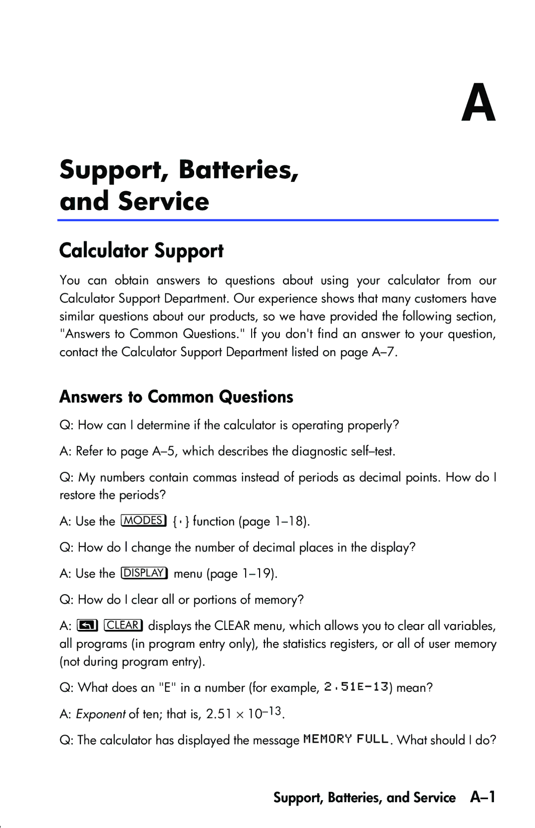 HP 33s Scientific manual Support, Batteries Service, Calculator Support, Answers to Common Questions 