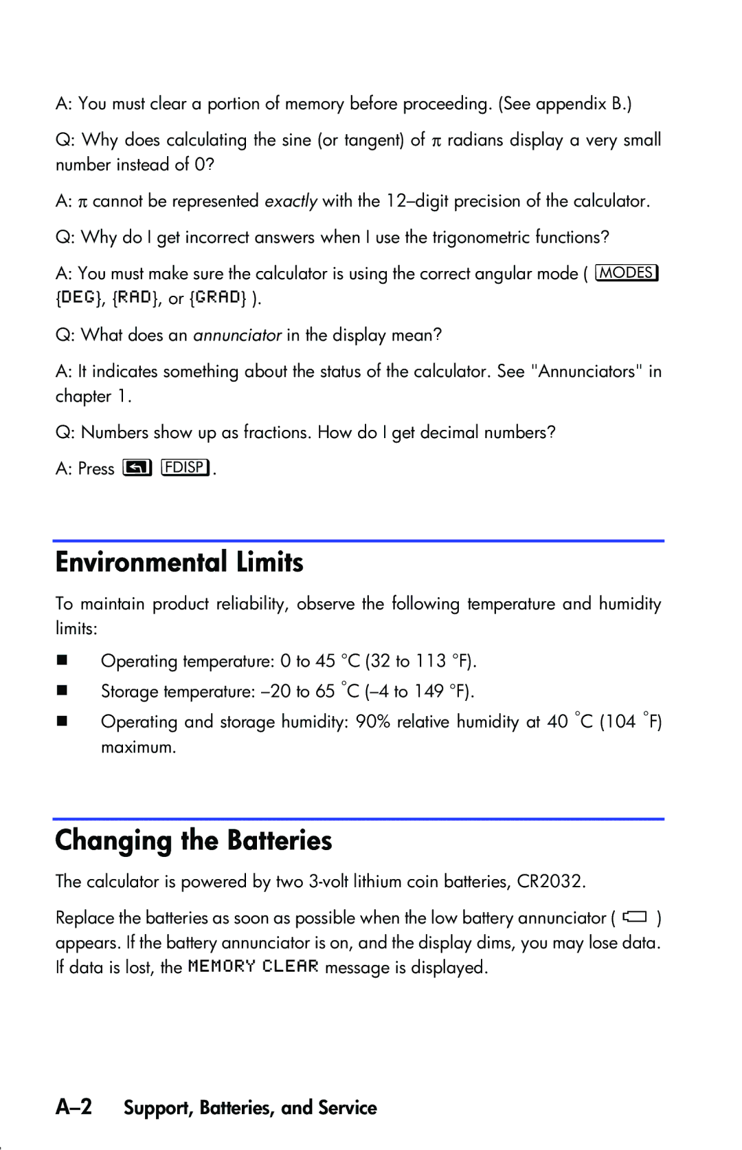 HP 33s Scientific manual Environmental Limits, Changing the Batteries, 2Support, Batteries, and Service 