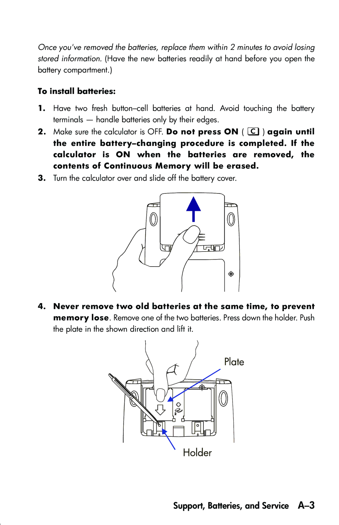 HP 33s Scientific manual Support, Batteries, and Service A-3, To install batteries 