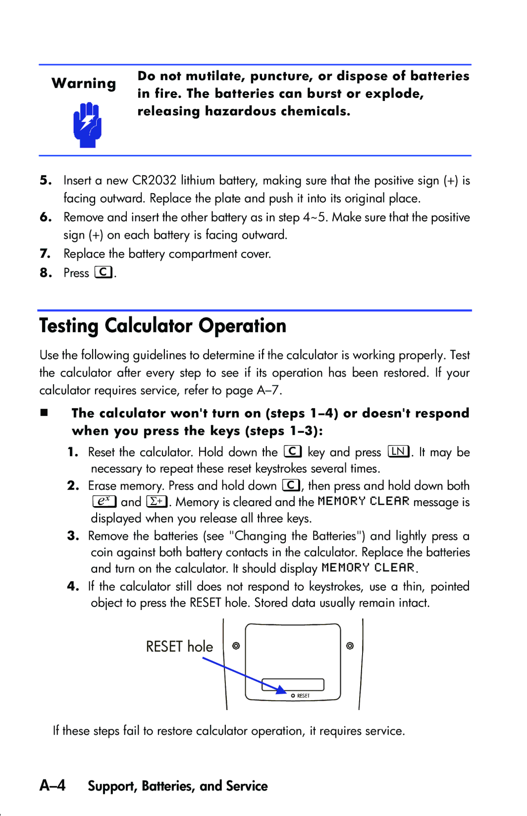 HP 33s Scientific Testing Calculator Operation, 4Support, Batteries, and Service, Fire. The batteries can burst or explode 