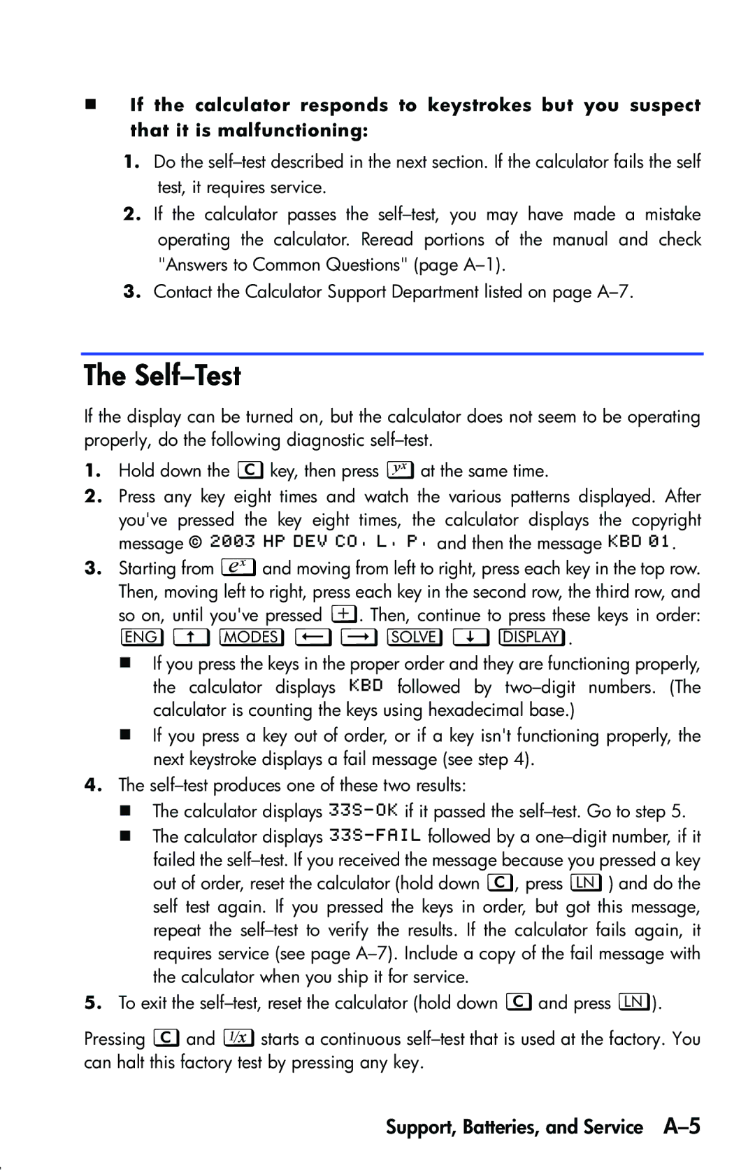 HP 33s Scientific manual Self-Test, ™Ÿ˜—š, Support, Batteries, and Service A-5 