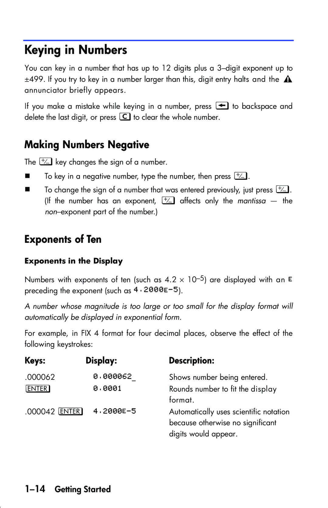 HP 33s Scientific manual Keying in Numbers, Making Numbers Negative, Exponents of Ten, Keys Display Description 