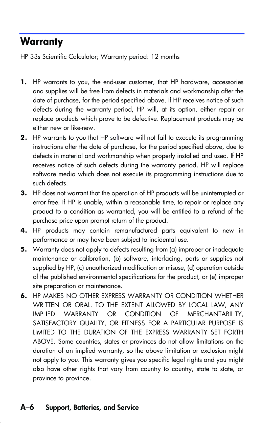 HP 33s Scientific manual Warranty, 6Support, Batteries, and Service 