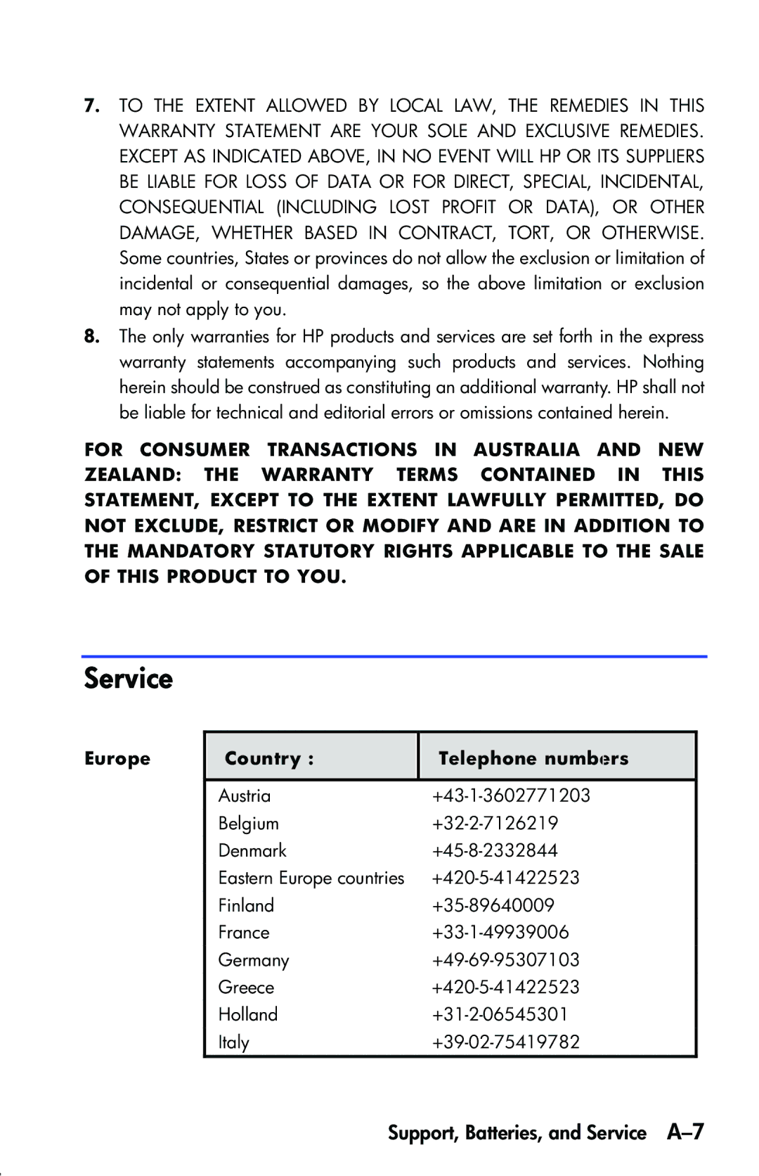 HP 33s Scientific manual Support, Batteries, and Service A-7, Europe Country Telephone numbers 