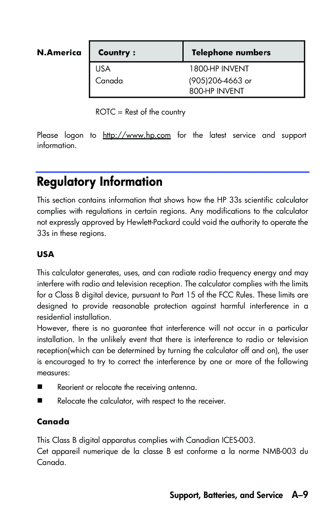 HP 33s Scientific manual Regulatory Information, Support, Batteries, and Service A-9, Canada 