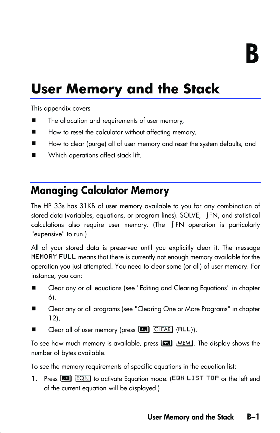 HP 33s Scientific manual User Memory and the Stack, Managing Calculator Memory 