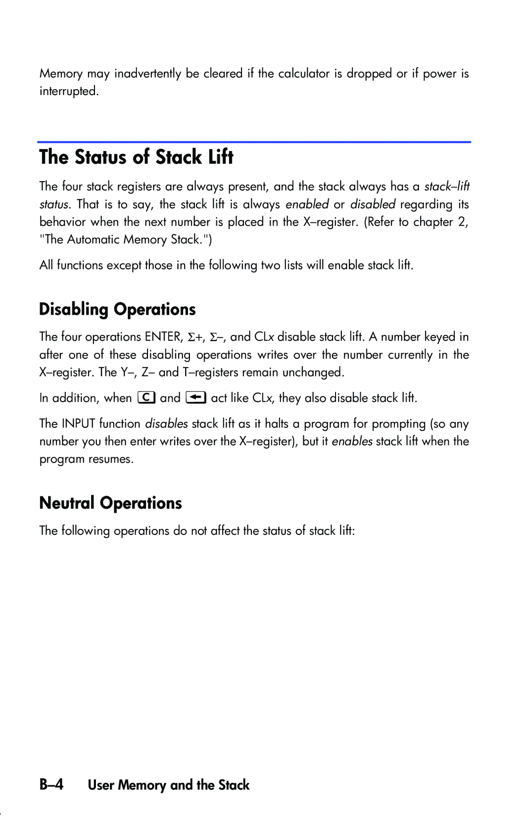 HP 33s Scientific manual Status of Stack Lift, Disabling Operations, Neutral Operations, 4User Memory and the Stack 