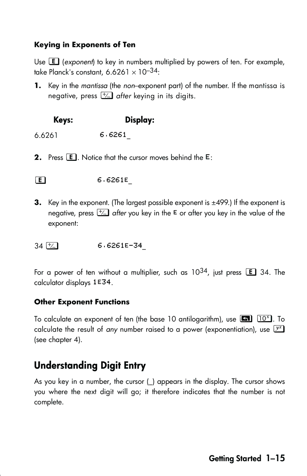 HP 33s Scientific manual Understanding Digit Entry, Keying in Exponents of Ten, Other Exponent Functions 