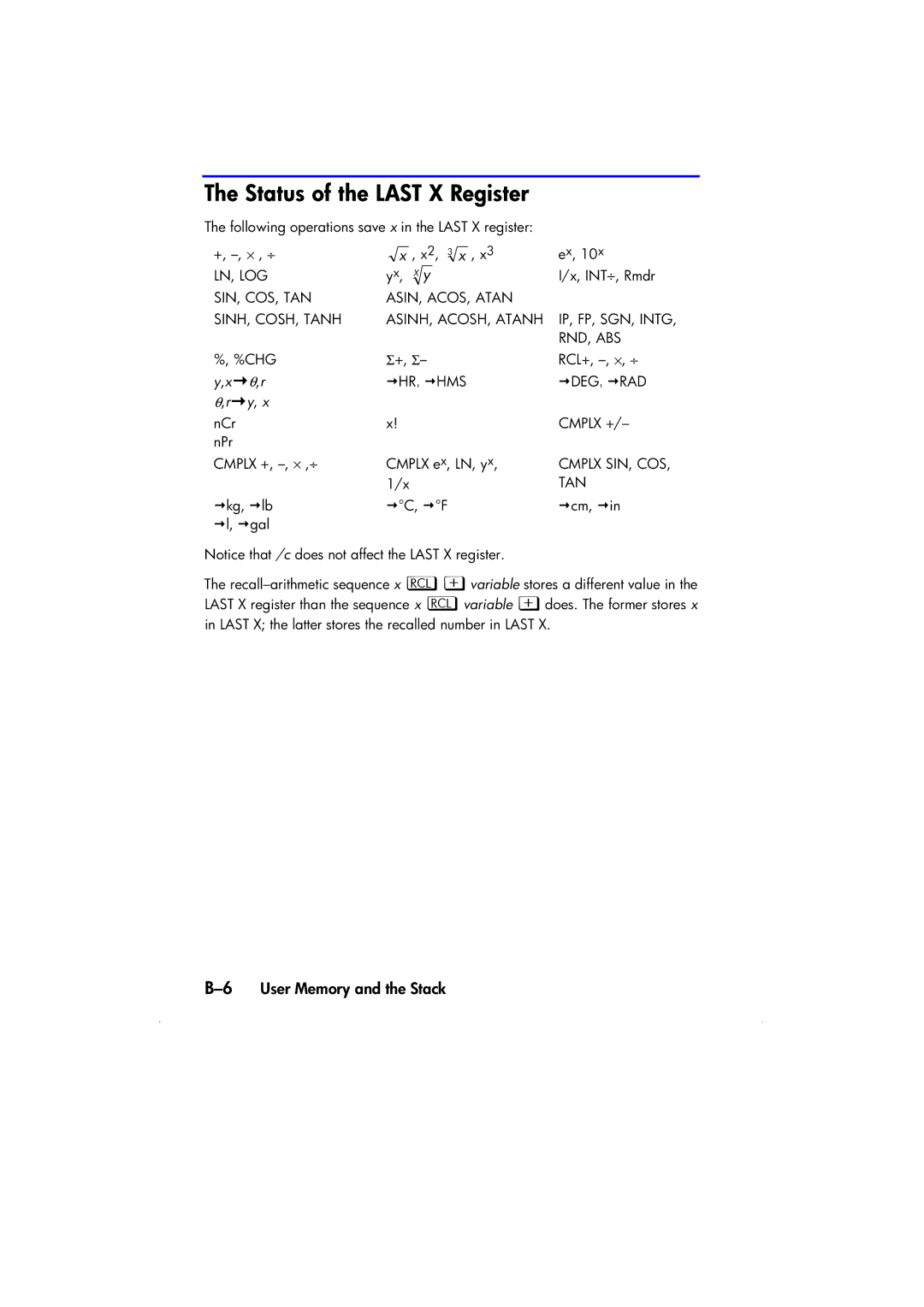 HP 33s Scientific manual Status of the Last X Register, 6User Memory and the Stack, € θ ,r 