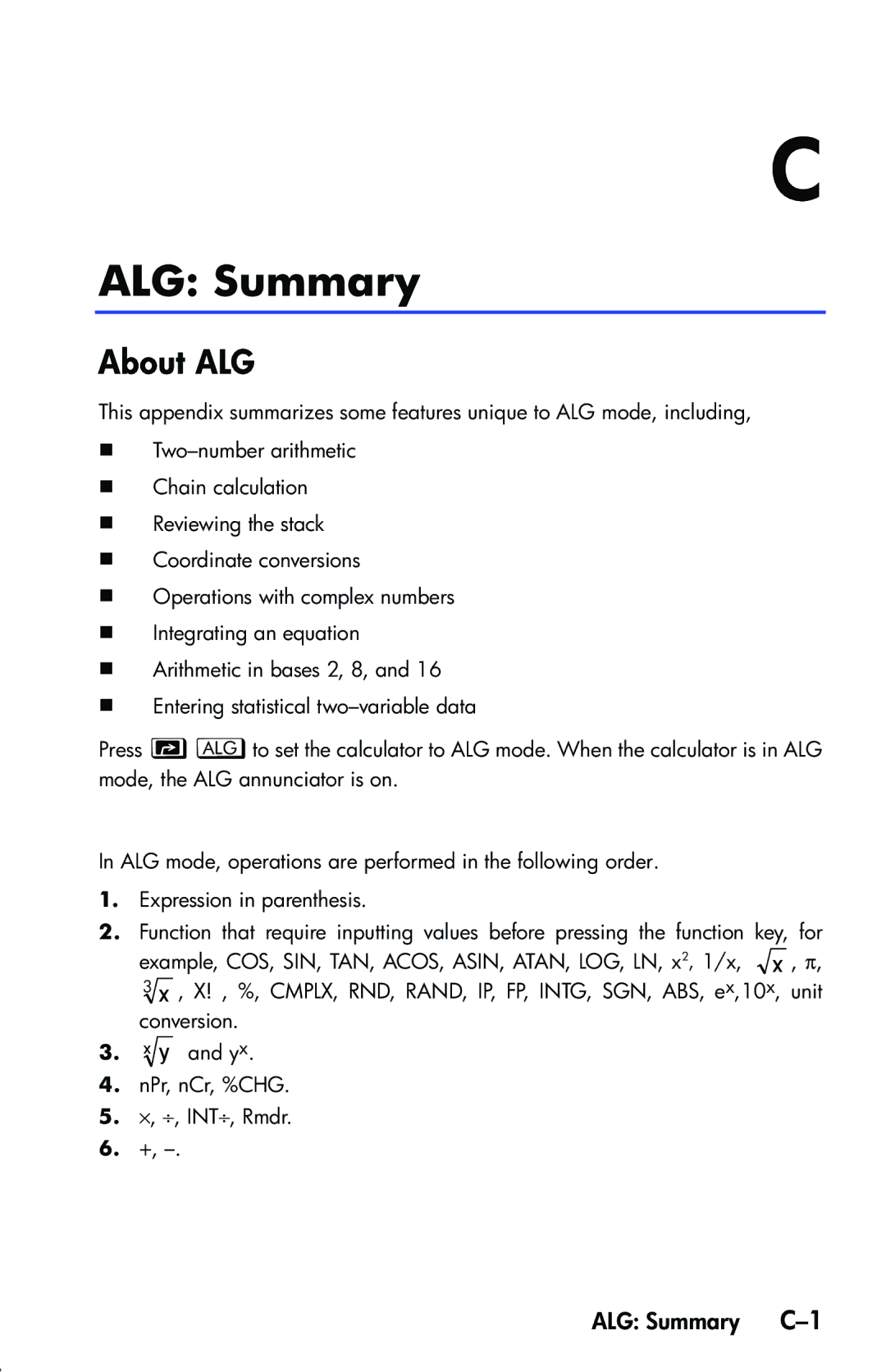 HP 33s Scientific manual About ALG, ALG Summary C-1 