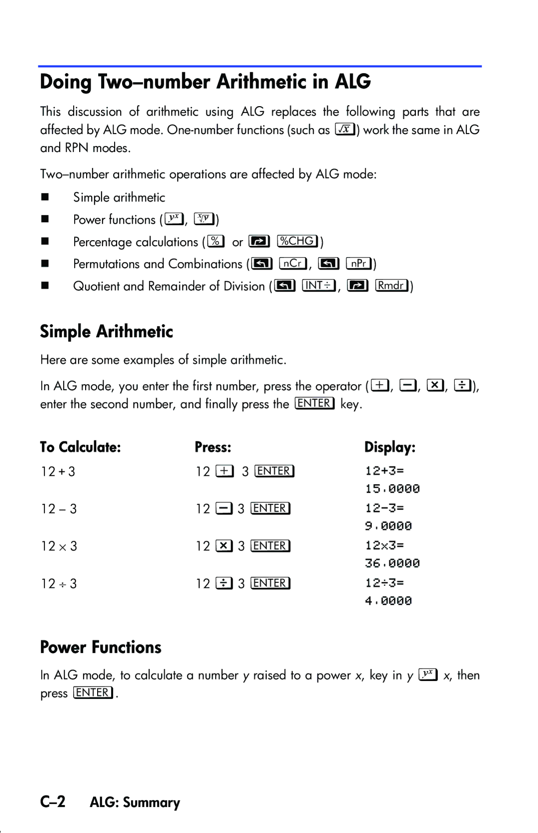 HP 33s Scientific manual Doing Two-number Arithmetic in ALG, Simple Arithmetic, Power Functions, 2ALG Summary 