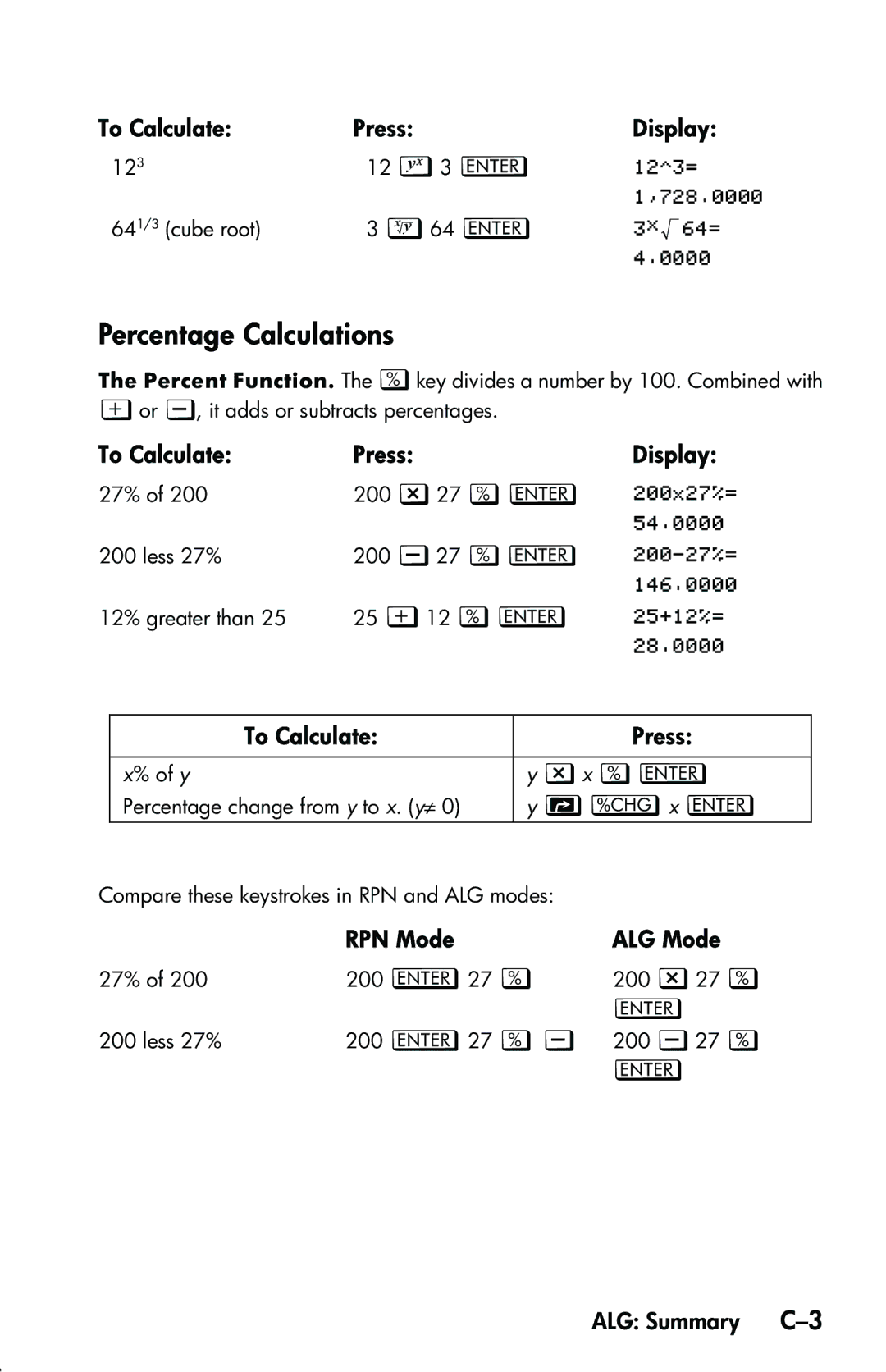 HP 33s Scientific manual Percentage Calculations, ‘27 Q…, ALG Summary C-3 