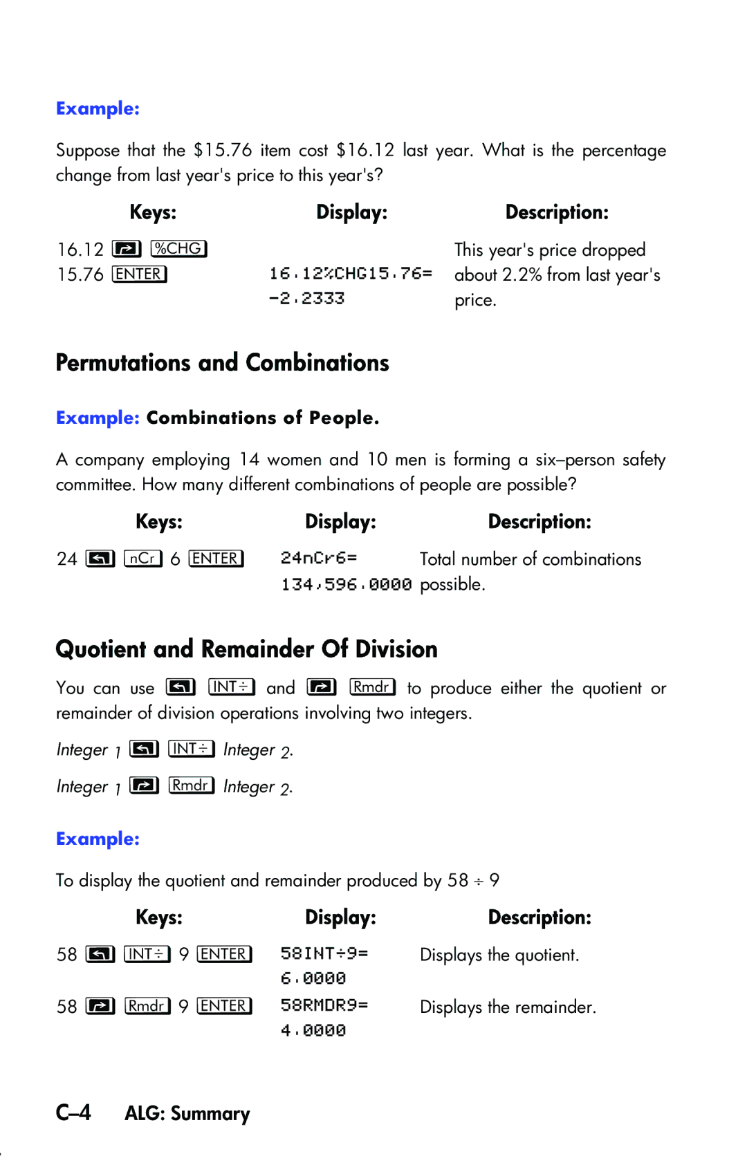 HP 33s Scientific manual Permutations and Combinations, Quotient and Remainder Of Division, 16.12 T , 4ALG Summary 