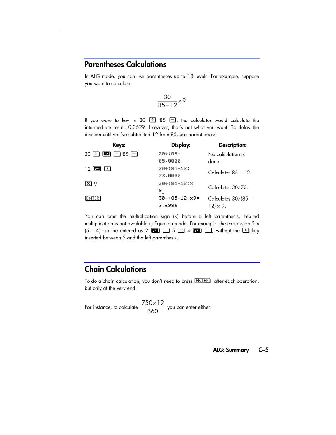 HP 33s Scientific manual Keys Display Description, ALG Summary C-5 